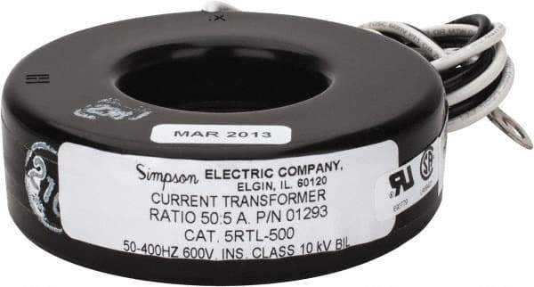 Simpson Electric - 2 VA Burden, 50 Amp AC Input, 5 Amp AC Output, 50 to 400 Hz, Panel Meter Donut Current Transformer - Screw Terminal, For Use with AC Ammeter - Exact Industrial Supply