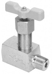 Made in USA - 1/4" Pipe, Angled Hard Seat Needle Valve - MNPT x FNPT Ends, Alloy Valve, 10,000 Max psi - Exact Industrial Supply