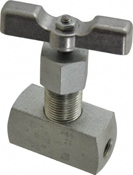 Made in USA - 1/8" Pipe, Inline Hard Seat Needle Valve - FNPT x FNPT Ends, Alloy Valve, 10,000 Max psi - Exact Industrial Supply