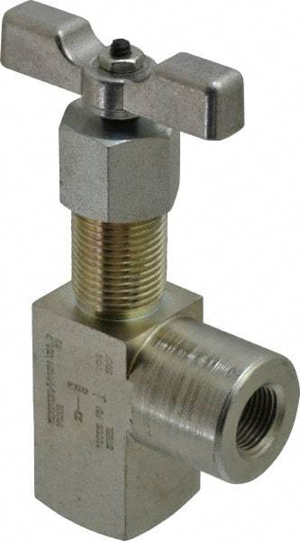 Made in USA - 3/8" Pipe, Angled Hard Seat Needle Valve - FNPT x FNPT Ends, Alloy Valve, 10,000 Max psi - Exact Industrial Supply