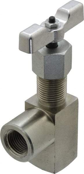 Made in USA - 1/2" Pipe, Angled Hard Seat Needle Valve - FNPT x FNPT Ends, Alloy Valve, 10,000 Max psi - Exact Industrial Supply