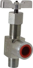 Made in USA - 1/2" Pipe, Angled Hard Seat Needle Valve - MNPT x FNPT Ends, Alloy Valve, 10,000 Max psi - Exact Industrial Supply