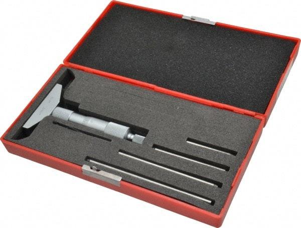Value Collection - 0 to 4" Range, 4 Rod, Satin Chrome Finish Mechanical Depth Micrometer - Ball Thimble, 2-1/2" Base Length, 0.001" Graduation, 4.5mm Rod Diam - Exact Industrial Supply