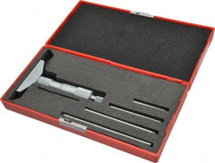 Value Collection - 0 to 4" Range, 4 Rod, Satin Chrome Finish Mechanical Depth Micrometer - Ball Thimble, 2-1/2" Base Length, 0.001" Graduation, 4.5mm Rod Diam - Exact Industrial Supply