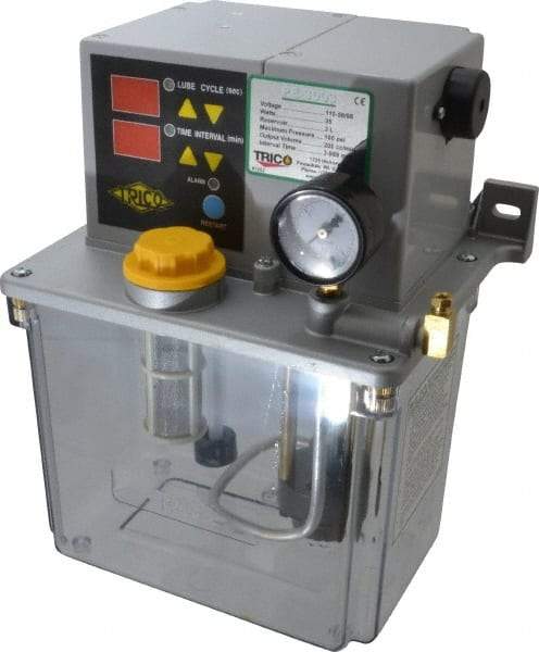 Trico - 3 L Reservoir Capacity, 0.2 cm Output per Hour, Electric Central Lubrication System - 3-999 Min Interval Between Cycles, 170mm Wide x 255mm High, 110 Volts, Oil, 5/16-24 Outlet Thread - Exact Industrial Supply