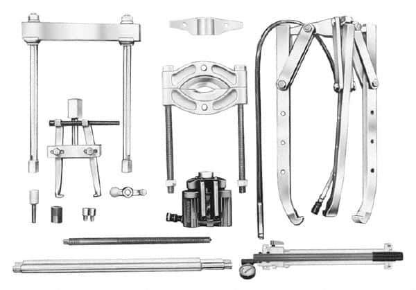 OTC - 17 Piece, 34" Spread, Hydraulic Puller Set - 3 Jaws, 19" OAL, 20-1/2" Reach - Exact Industrial Supply