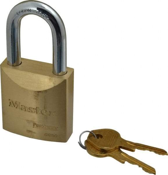 Master Lock - 1-1/2" Shackle Clearance, Keyed Different Pro Series Padlock - 29/32" Shackle Width, 3/8" Shackle Diam, Brass - Exact Industrial Supply