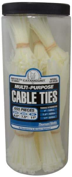 Thomas & Betts - 4 to 11 Inch Range, White Cable Ties - 3 Inch Bundle Diameter, 18, 40 and 50 Lb. Strength, Nylon - Exact Industrial Supply
