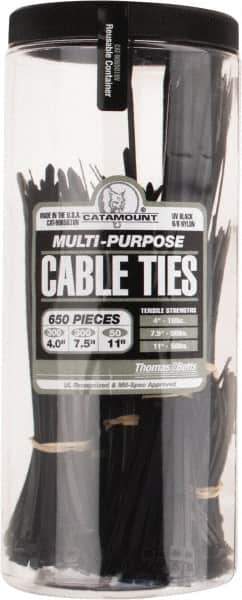 Thomas & Betts - 4 to 11 Inch Range, Black Cable Ties - 3 Inch Bundle Diameter, 18, 40 and 50 Lb. Strength, Nylon - Exact Industrial Supply