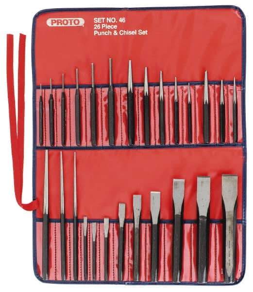 Proto - 26 Piece Punch & Chisel Set - 1/4 to 7/8" Chisel, 3/8 to 1/4" Punch, Round Shank - Exact Industrial Supply