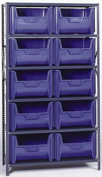 Quantum Storage - 18" Deep x 42" Wide x 75" High, Steel Open Hopper Storage Unit - 5/6 Shelves, 10 Blue Plastic Bins, 19-7/8" Bin Width x 12-7/16" Bin Height x 15-1/4" Bin Depth - Exact Industrial Supply