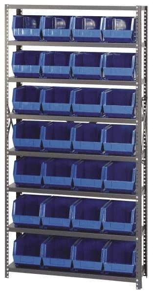 Quantum Storage - 12" Deep x 36" Wide x 75" High, Steel Open Hopper Storage Unit - 7/8 Shelves, 28 Yellow Plastic Bins, 8-1/4" Bin Width x 7" Bin Height x 11" Bin Depth - Exact Industrial Supply