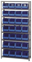 Quantum Storage - 12" Deep x 36" Wide x 75" High, Steel Open Hopper Storage Unit - 7/8 Shelves, 28 Blue Plastic Bins, 8-1/4" Bin Width x 7" Bin Height x 11" Bin Depth - Exact Industrial Supply