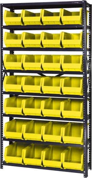 Quantum Storage - 12" Deep x 36" Wide x 75" High, Steel Open Hopper Storage Unit - 7/8 Shelves, 28 Yellow Plastic Bins, 8-1/4" Bin Width x 7" Bin Height x 14-3/4" Bin Depth - Exact Industrial Supply