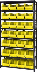 Quantum Storage - 12" Deep x 36" Wide x 75" High, Steel Open Hopper Storage Unit - 7/8 Shelves, 28 Yellow Plastic Bins, 8-1/4" Bin Width x 7" Bin Height x 14-3/4" Bin Depth - Exact Industrial Supply