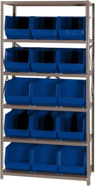 Quantum Storage - 18" Deep x 36" Wide x 75" High, Steel Open Hopper Storage Unit - 5/6 Shelves, 15 Yellow Plastic Bins, 11" Bin Width x 10" Bin Height x 18" Bin Depth - Exact Industrial Supply