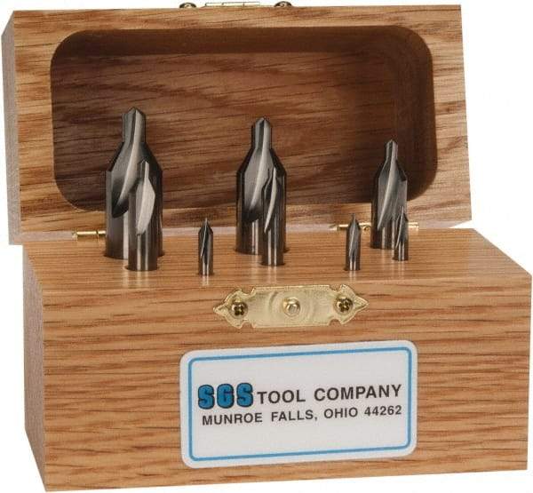 SGS - 8 Piece, #00 to 6, 1/8 to 1/2" Body Diam, 1/32 to 7/32" Point Diam, Plain Edge, Solid Carbide Combo Drill & Countersink Set - 60° Incl Angle, 1-1/2 to 3" OAL, Double End, 301 Series Compatibility - Exact Industrial Supply