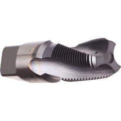 Emuge - 1/8-27 NPT, 15° Helix, 3 Flutes, TiN Finish, Cobalt, Spiral Flute Pipe Tap - Right Hand Flute, 3/4" Thread Length, 0.328" Square Size, Series KEG - Exact Industrial Supply