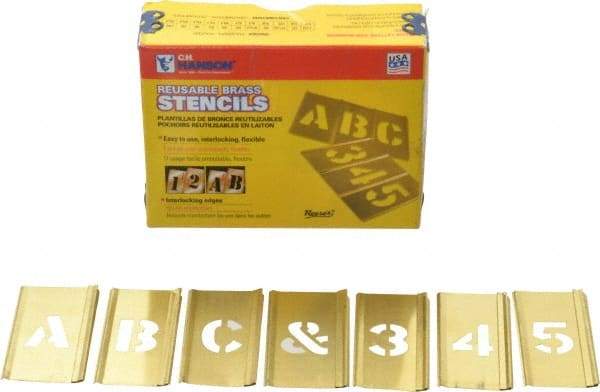 C.H. Hanson - 92 Piece, 3/4 Inch Character Size, Brass Stencil - Contains Three A Fonts - Exact Industrial Supply