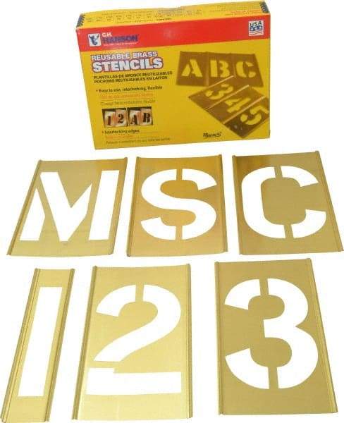 C.H. Hanson - 92 Piece, 5 Inch Character Size, Brass Stencil - Contains Three A Fonts - Exact Industrial Supply