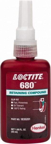 Loctite - 50 mL Bottle, Green, High Strength Liquid Retaining Compound - Series 680, 24 hr Full Cure Time, Heat Removal - Exact Industrial Supply