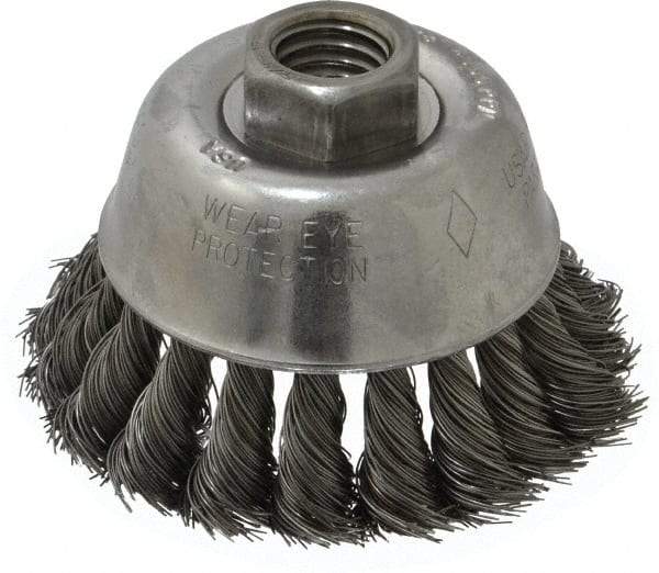 Osborn - 2-3/4" Diam, 5/8-11 Threaded Arbor, Steel Fill Cup Brush - 0.014 Wire Diam, 14,000 Max RPM - Exact Industrial Supply