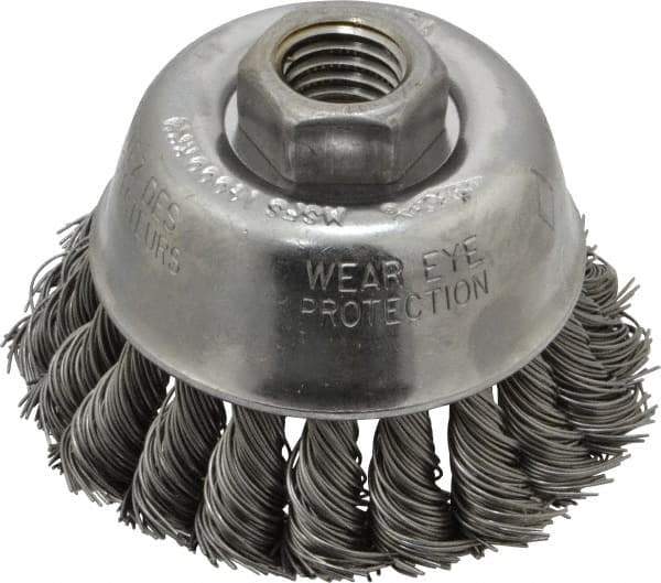 Osborn - 2-3/4" Diam, 5/8-11 Threaded Arbor, Steel Fill Cup Brush - 0.02 Wire Diam, 14,000 Max RPM - Exact Industrial Supply
