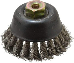 Osborn - 2-3/4" Diam, M10x1.25 Threaded Arbor, Stainless Steel Fill Cup Brush - 0.014 Wire Diam, 14,000 Max RPM - Exact Industrial Supply