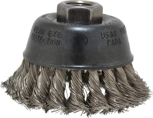 Osborn - 2-3/4" Diam, 5/8-11 Threaded Arbor, Stainless Steel Fill Cup Brush - 0.014 Wire Diam, 14,000 Max RPM - Exact Industrial Supply