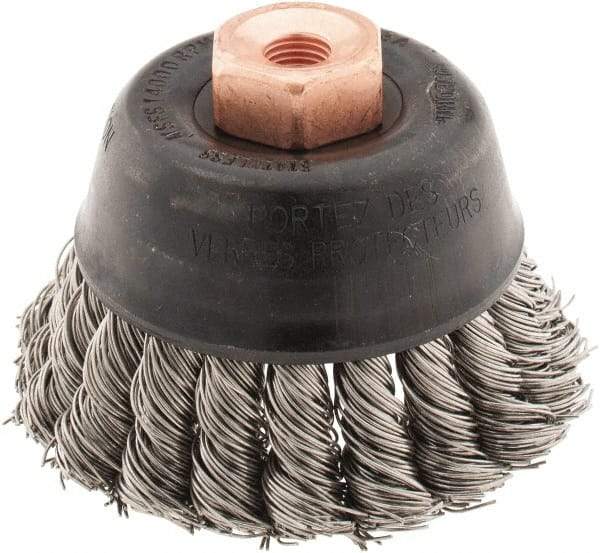 Osborn - 2-3/4" Diam, 3/8-24 Threaded Arbor, Stainless Steel Fill Cup Brush - 0.02 Wire Diam, 14,000 Max RPM - Exact Industrial Supply