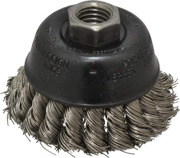 Osborn - 2-3/4" Diam, 5/8-11 Threaded Arbor, Stainless Steel Fill Cup Brush - 0.02 Wire Diam, 14,000 Max RPM - Exact Industrial Supply