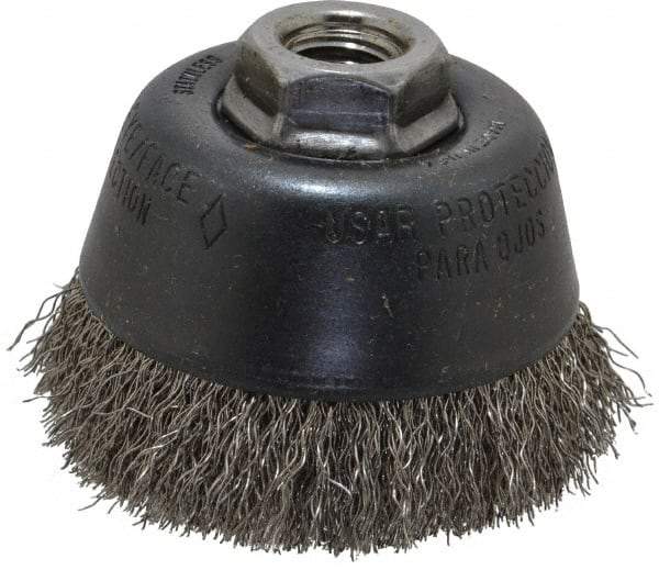 Osborn - 3-1/2" Diam, 5/8-11 Threaded Arbor, Stainless Steel Fill Cup Brush - 0.014 Wire Diam, 7/8" Trim Length, 14,000 Max RPM - Exact Industrial Supply