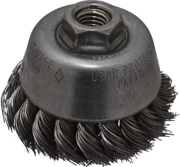 Osborn - 3-1/2" Diam, 5/8-11 Threaded Arbor, Steel Fill Cup Brush - 0.02 Wire Diam, 7/8" Trim Length, 14,000 Max RPM - Exact Industrial Supply