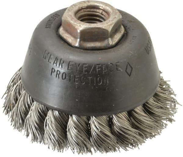 Osborn - 3-1/2" Diam, 5/8-11 Threaded Arbor, Stainless Steel Fill Cup Brush - 0.02 Wire Diam, 7/8" Trim Length, 14,000 Max RPM - Exact Industrial Supply