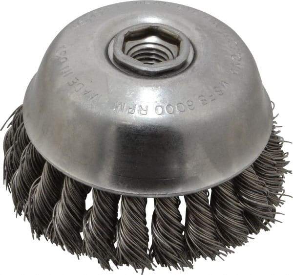 Osborn - 4" Diam, 5/8-11 Threaded Arbor, Steel Fill Cup Brush - 0.025 Wire Diam, 1-1/4" Trim Length, 6,000 Max RPM - Exact Industrial Supply