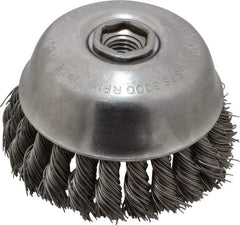 Osborn - 4" Diam, 5/8-11 Threaded Arbor, Steel Fill Cup Brush - 0.025 Wire Diam, 1-1/4" Trim Length, 6,000 Max RPM - Exact Industrial Supply
