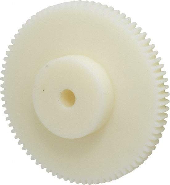 Poly Hi Solidur - 16 Pitch, 5" Pitch Diam, 5-1/8" OD, 80 Tooth Spur Gear - 1/2" Face Width, 1/2" Bore Diam, 2-1/4" Hub Diam, 14.5° Pressure Angle, Nylon - Exact Industrial Supply