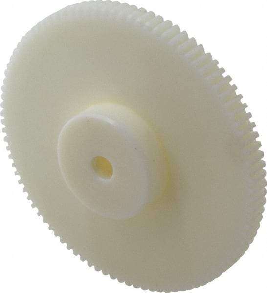 Poly Hi Solidur - 16 Pitch, 6" Pitch Diam, 6-1/8" OD, 96 Tooth Spur Gear - 1/2" Face Width, 1/2" Bore Diam, 2-1/4" Hub Diam, 14.5° Pressure Angle, Nylon - Exact Industrial Supply