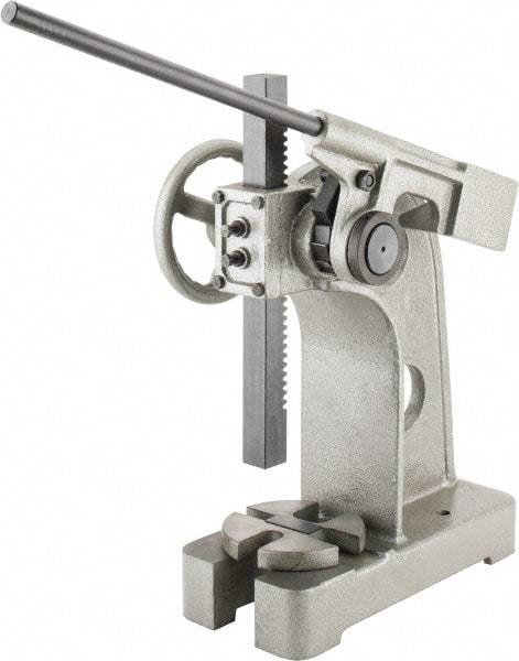 Interstate - 2-1/2" Ram, 6" Throat Depth, 3 Ton Manual Arbor Press - 12-5/8" Max Work Height x 12" Max Work Width, Ratchet Leverage, 20:1 Leverage Ratio, 8" Base Width x 18" Base Depth - Exact Industrial Supply