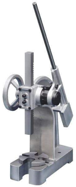 Interstate - 1-7/8" Ram, 5-15/16" Throat Depth, 2 Ton Manual Arbor Press - 8-1/2" Max Work Height x 11-7/8" Max Work Width, Ratchet Leverage, 25:1 Leverage Ratio, 6-1/4" Base Width x 15-3/4" Base Depth - Exact Industrial Supply