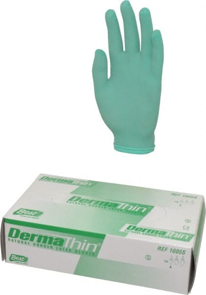 Disposable Gloves: Size Small, 5 mil, Latex-Coated, Latex, Powdered Green, 9-1/2″ Length, Smooth, FDA Approved
