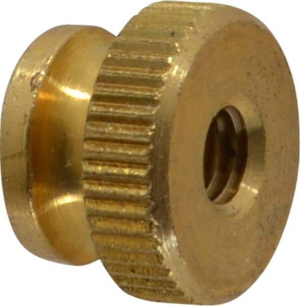 Electro Hardware - #10-32 UNF Thread, Uncoated, Grade B-633 Brass Round Knurled Thumb Nut - 11/32" Overall Height, 1/2" Head Diam - Exact Industrial Supply