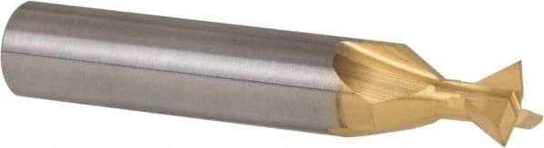 Made in USA - 3/8" Diam x 3/16" Width of Cut, 60° Included Angle, Carbide-Tipped Dovetail Cutter - 3/8" Shank Diam, 2-1/8" Overall Length, 0.0050-0.0100" Corner Radius, Weldon Flat, TiN Coated - Exact Industrial Supply