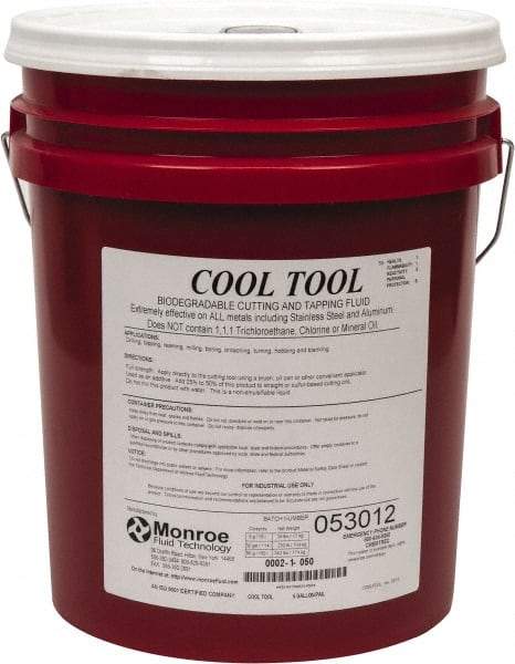Monroe Fluid Technology - Cool Tool, 5 Gal Pail Cutting & Tapping Fluid - Straight Oil, For Blanking, Boring, Broaching, Drilling, Hobbing, Milling, Reaming, Tapping, Turning - Exact Industrial Supply