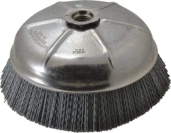 Weiler - 6" Diam, 5/8-11 Threaded Arbor Crimped Wire Nylon Cup Brush - Very Fine Grade, 0.035" Filament Diam, 6,600 Max RPM - Exact Industrial Supply