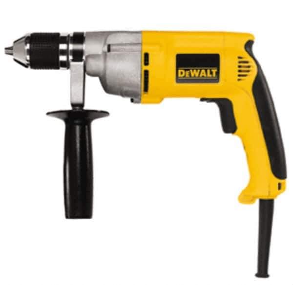 DeWALT - 1/2" Keyless Chuck, 0 to 600 RPM, Pistol Grip Handle Electric Drill - 7.8 Amps, 120 Volts, Reversible, Includes 360° Side Handle - Exact Industrial Supply