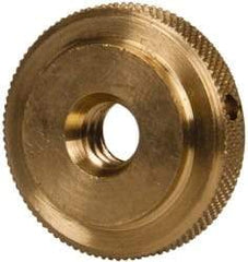 Gibraltar - 1/4-20" UNC Thread, Uncoated, Brass Round Knurled Check Nut - 1/4" Overall Height, 7/8" Diam x 3/16" Head Height, 5/8" Diam x 1/16" Base Height - Exact Industrial Supply