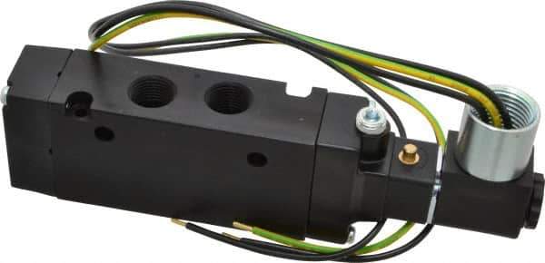 Parker - 3/8" Inlet x 3/8" Outlet, Single Solenoid Actuator, Air Return, 2 Position, Body Ported Solenoid Air Valve - 120 VAC Input, 88 CFM, 2.8 CV, 4 Way, 145 psi, 5-3/4" Long x 1.15" Wide x 3.97" High, 0 to 160°F - Exact Industrial Supply