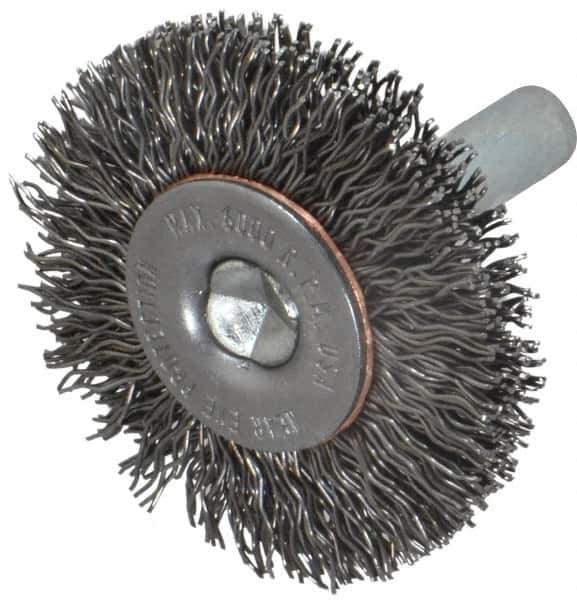 Made in USA - 1-1/2" OD, 1/4" Shank Diam, Crimped Steel Wheel Brush - 1/4" Face Width, 0.014" Filament Diam, 6,000 RPM - Exact Industrial Supply