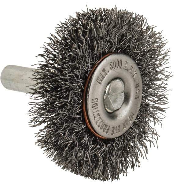 Made in USA - 1-1/2" OD, 1/4" Shank Diam, Crimped Steel Wheel Brush - 1/4" Face Width, 0.008" Filament Diam, 6,000 RPM - Exact Industrial Supply